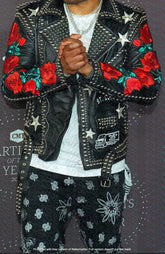 Motorcycle Brando Men's Punk Flower Patches Fashion Premium Leather Silver Studded Waist Belted Jacket